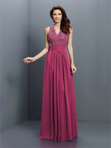 V-Neck Elegant Applique Sleeveless Long Chiffon Bridesmaid Dresses-Ballbella