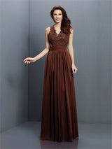 V-Neck Elegant Applique Sleeveless Long Chiffon Bridesmaid Dresses-Ballbella