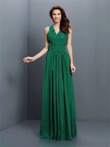 V-Neck Elegant Applique Sleeveless Long Chiffon Bridesmaid Dresses-Ballbella