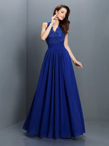 V-Neck Elegant Applique Sleeveless Long Chiffon Bridesmaid Dresses-Ballbella