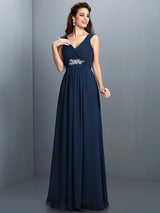 V-Neck Elegant Beading Pleats Sleeveless Long Chiffon Bridesmaid Dresses-Ballbella