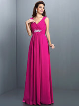 V-Neck Elegant Beading Pleats Sleeveless Long Chiffon Bridesmaid Dresses-Ballbella