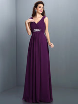 V-Neck Elegant Beading Pleats Sleeveless Long Chiffon Bridesmaid Dresses-Ballbella
