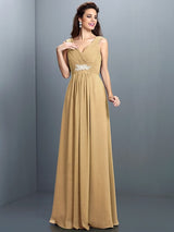 V-Neck Elegant Beading Pleats Sleeveless Long Chiffon Bridesmaid Dresses-Ballbella