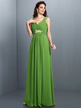 V-Neck Elegant Beading Pleats Sleeveless Long Chiffon Bridesmaid Dresses-Ballbella
