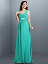V-Neck Elegant Beading Pleats Sleeveless Long Chiffon Bridesmaid Dresses-Ballbella
