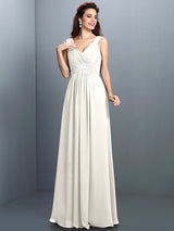 V-Neck Elegant Beading Pleats Sleeveless Long Chiffon Bridesmaid Dresses-Ballbella