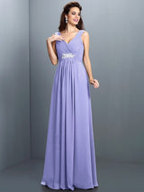 V-Neck Elegant Beading Pleats Sleeveless Long Chiffon Bridesmaid Dresses-Ballbella