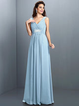 V-Neck Elegant Beading Pleats Sleeveless Long Chiffon Bridesmaid Dresses-Ballbella