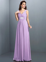 V-Neck Elegant Beading Pleats Sleeveless Long Chiffon Bridesmaid Dresses-Ballbella