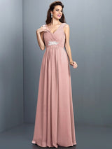 V-Neck Elegant Beading Pleats Sleeveless Long Chiffon Bridesmaid Dresses-Ballbella