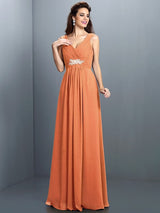 V-Neck Elegant Beading Pleats Sleeveless Long Chiffon Bridesmaid Dresses-Ballbella