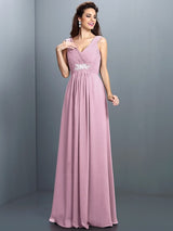 V-Neck Elegant Beading Pleats Sleeveless Long Chiffon Bridesmaid Dresses-Ballbella