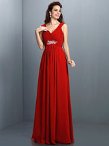 V-Neck Elegant Beading Pleats Sleeveless Long Chiffon Bridesmaid Dresses-Ballbella