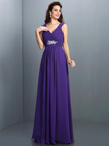 V-Neck Elegant Beading Pleats Sleeveless Long Chiffon Bridesmaid Dresses-Ballbella