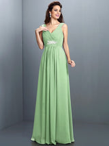 V-Neck Elegant Beading Pleats Sleeveless Long Chiffon Bridesmaid Dresses-Ballbella