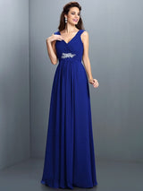 V-Neck Elegant Beading Pleats Sleeveless Long Chiffon Bridesmaid Dresses-Ballbella