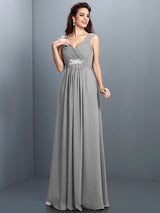 V-Neck Elegant Beading Pleats Sleeveless Long Chiffon Bridesmaid Dresses-Ballbella