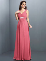 V-Neck Elegant Beading Pleats Sleeveless Long Chiffon Bridesmaid Dresses-Ballbella
