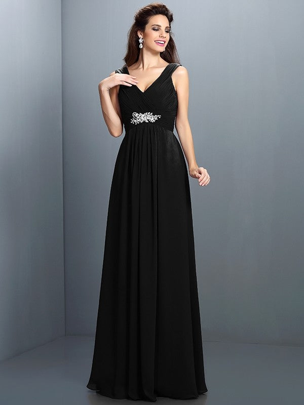 V-Neck Elegant Beading Pleats Sleeveless Long Chiffon Bridesmaid Dresses V-Neck Elegant Beading Pleats Sleeveless Long Chiffon Bridesmaid Dresses