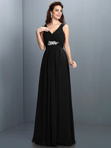 V-Neck Elegant Beading Pleats Sleeveless Long Chiffon Bridesmaid Dresses-Ballbella