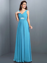 V-Neck Elegant Beading Pleats Sleeveless Long Chiffon Bridesmaid Dresses-Ballbella