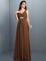 V-Neck Elegant Beading Pleats Sleeveless Long Chiffon Bridesmaid Dresses-Ballbella