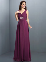 V-Neck Elegant Beading Pleats Sleeveless Long Chiffon Bridesmaid Dresses-Ballbella