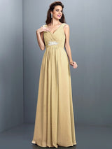 V-Neck Elegant Beading Pleats Sleeveless Long Chiffon Bridesmaid Dresses-Ballbella
