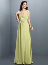 V-Neck Elegant Beading Pleats Sleeveless Long Chiffon Bridesmaid Dresses-Ballbella