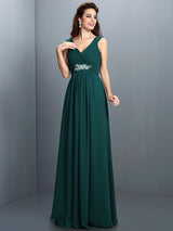 V-Neck Elegant Beading Pleats Sleeveless Long Chiffon Bridesmaid Dresses-Ballbella