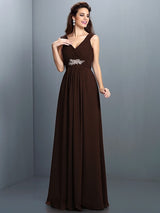 V-Neck Elegant Beading Pleats Sleeveless Long Chiffon Bridesmaid Dresses-Ballbella