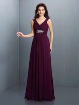 V-Neck Elegant Beading Pleats Sleeveless Long Chiffon Bridesmaid Dresses-Ballbella