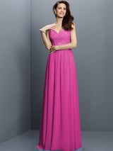V-Neck Elegant Lace Sleeveless Long Chiffon Bridesmaid Dresses-Ballbella
