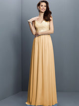V-Neck Elegant Lace Sleeveless Long Chiffon Bridesmaid Dresses-Ballbella