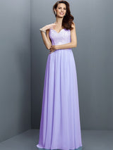 V-Neck Elegant Lace Sleeveless Long Chiffon Bridesmaid Dresses-Ballbella