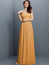 V-Neck Elegant Lace Sleeveless Long Chiffon Bridesmaid Dresses-Ballbella