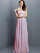 V-Neck Elegant Lace Sleeveless Long Chiffon Bridesmaid Dresses-Ballbella