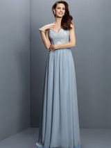 V-Neck Elegant Lace Sleeveless Long Chiffon Bridesmaid Dresses-Ballbella