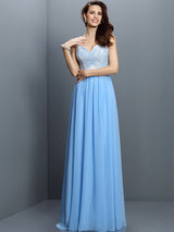 V-Neck Elegant Lace Sleeveless Long Chiffon Bridesmaid Dresses-Ballbella