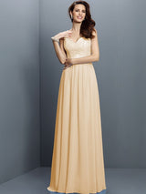 V-Neck Elegant Lace Sleeveless Long Chiffon Bridesmaid Dresses-Ballbella