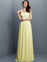 V-Neck Elegant Lace Sleeveless Long Chiffon Bridesmaid Dresses-Ballbella