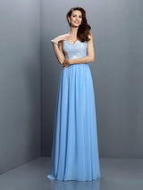 V-Neck Elegant Lace Sleeveless Long Chiffon Bridesmaid Dresses-Ballbella