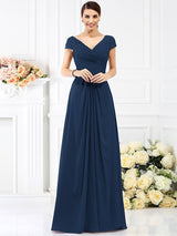 V-Neck Elegant Pleats Short Sleeves Long Chiffon Bridesmaid Dresses-Ballbella