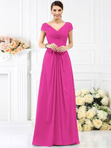 V-Neck Elegant Pleats Short Sleeves Long Chiffon Bridesmaid Dresses-Ballbella