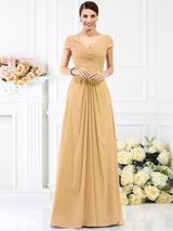 V-Neck Elegant Pleats Short Sleeves Long Chiffon Bridesmaid Dresses-Ballbella