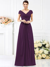V-Neck Elegant Pleats Short Sleeves Long Chiffon Bridesmaid Dresses-Ballbella