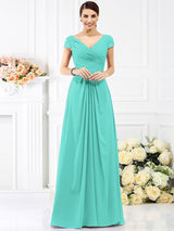 V-Neck Elegant Pleats Short Sleeves Long Chiffon Bridesmaid Dresses-Ballbella
