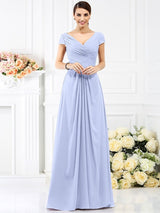 V-Neck Elegant Pleats Short Sleeves Long Chiffon Bridesmaid Dresses-Ballbella