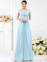 V-Neck Elegant Pleats Short Sleeves Long Chiffon Bridesmaid Dresses-Ballbella